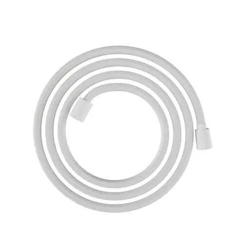 Hansgrohe Textilbrauseschlauch in Weiß, spiralförmig gewickelt, mit glatten Enden. Geeignet für den Einsatz in Duschsystemen.
